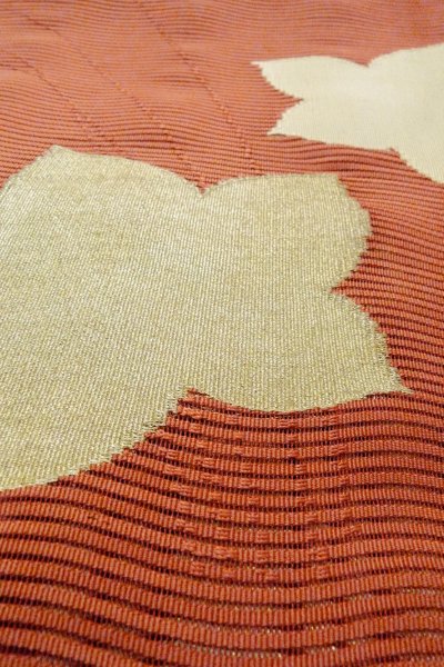 Photo9: O0528W Vintage Japanese Kimono   Vermilion  FUKURO OBI sash MOMIJI maple leaf Linen. (Grade A) (9)