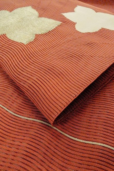 Photo11: O0528W Vintage Japanese Kimono   Vermilion  FUKURO OBI sash MOMIJI maple leaf Linen. (Grade A) (11)