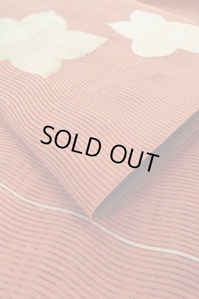 Photo11: O0528W Vintage Japanese Kimono   Vermilion  FUKURO OBI sash MOMIJI maple leaf Linen. (Grade A) (11)