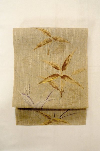 Photo2: O0528X Vintage Japanese Kimono  Dark Beige  FUKURO NAGOYA Obi Tall grass Linen. (Grade C) (2)