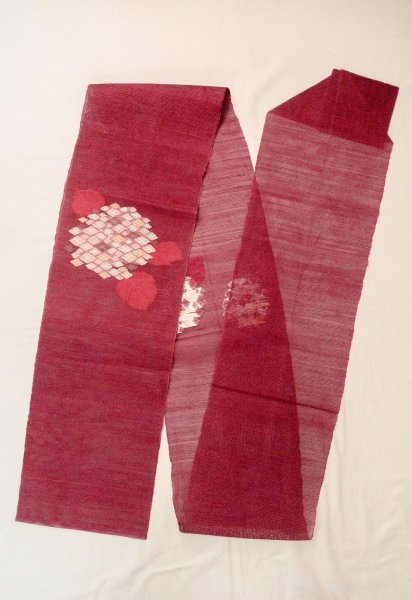 Photo1: O0528Y Vintage Japanese Kimono  Dark Dark Red  FUKURO NAGOYA Obi Flower Linen. (Grade B) (1)