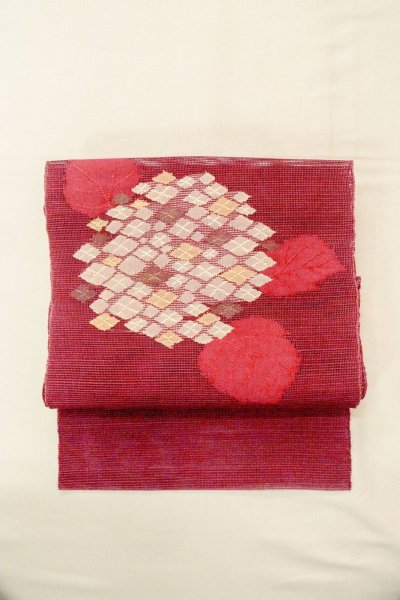 Photo2: O0528Y Vintage Japanese Kimono  Dark Dark Red  FUKURO NAGOYA Obi Flower Linen. (Grade B) (2)