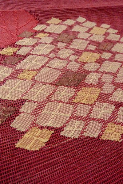 Photo9: O0528Y Vintage Japanese Kimono  Dark Dark Red  FUKURO NAGOYA Obi Flower Linen. (Grade B) (9)