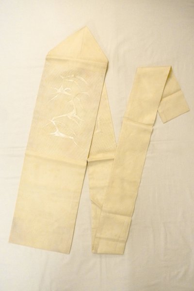 Photo1: O0528Z Vintage Japanese Kimono   Off White  NAGOYA OBI sash Abstract pattern Linen. (Grade C) (1)