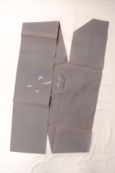 Photo1: O0529B Vintage Japanese Kimono  Grayish Purple  FUKURO NAGOYA Obi Bird Linen. (Grade C) (1)