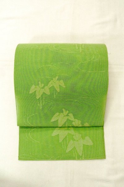 Photo2: O0529C Vintage Japanese Kimono  Light Yellowish Green  FUKURO NAGOYA Obi Iris Linen. (Grade B) (2)