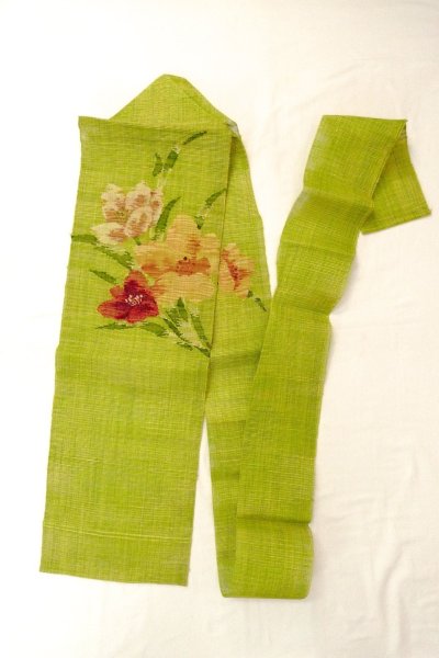 Photo1: Mint O0529D Vintage Japanese Kimono  Vivid Yellowish Green  FUKURO NAGOYA Obi Flower Linen. (Grade A) (1)