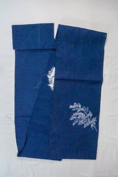Photo1: O0606A Vintage Japanese Kimono  Dark Indigo Blue  NAGOYA OBI sash Bamboo leaf Linen. (Grade B) (1)