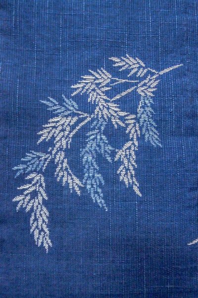 Photo4: O0606A Vintage Japanese Kimono  Dark Indigo Blue  NAGOYA OBI sash Bamboo leaf Linen. (Grade B) (4)