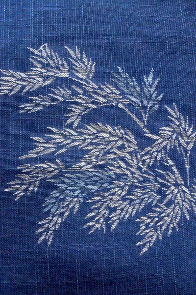 Photo5: O0606A Vintage Japanese Kimono  Dark Indigo Blue  NAGOYA OBI sash Bamboo leaf Linen. (Grade B) (5)