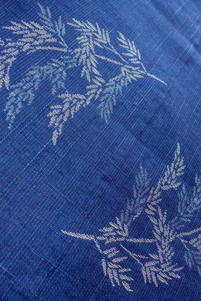 Photo7: O0606A Vintage Japanese Kimono  Dark Indigo Blue  NAGOYA OBI sash Bamboo leaf Linen. (Grade B) (7)