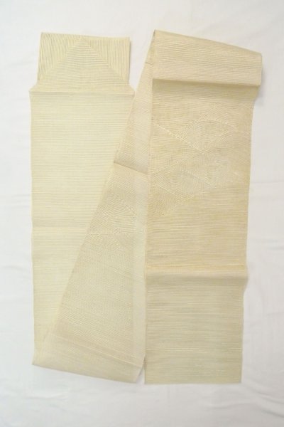 Photo1: O0606B Vintage Japanese Kimono  Pale Off White  NAGOYA OBI sash Abstract pattern Linen. (Grade C) (1)
