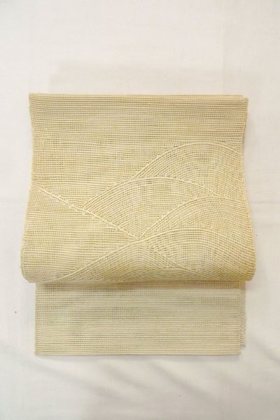 Photo2: O0606B Vintage Japanese Kimono  Pale Off White  NAGOYA OBI sash Abstract pattern Linen. (Grade C) (2)