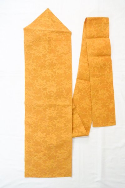 Photo1: O0606C Vintage Japanese Kimono   Golden Yellow  NAGOYA OBI sash MOMIJI maple leaf Linen. (Grade B) (1)