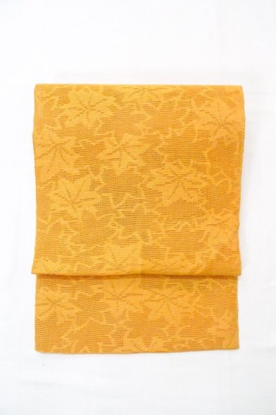 Photo2: O0606C Vintage Japanese Kimono   Golden Yellow  NAGOYA OBI sash MOMIJI maple leaf Linen. (Grade B) (2)