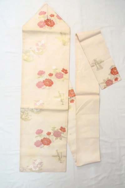 Photo1: O0606D Vintage Japanese Kimono  Pale Off White  NAGOYA OBI sash Peony Linen. (Grade C) (1)