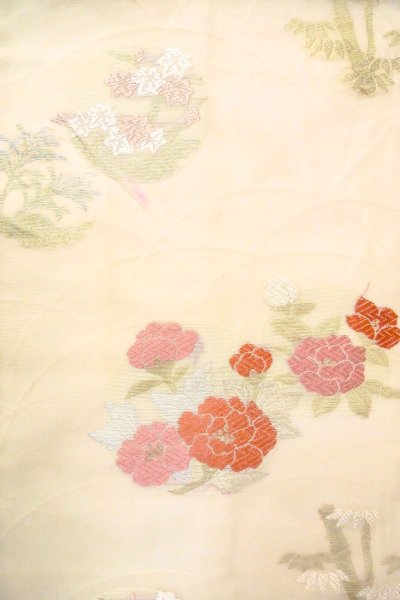 Photo3: O0606D Vintage Japanese Kimono  Pale Off White  NAGOYA OBI sash Peony Linen. (Grade C) (3)