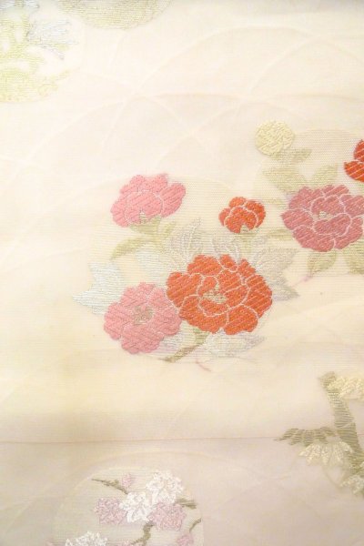Photo4: O0606D Vintage Japanese Kimono  Pale Off White  NAGOYA OBI sash Peony Linen. (Grade C) (4)