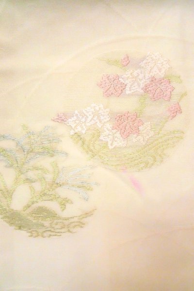 Photo5: O0606D Vintage Japanese Kimono  Pale Off White  NAGOYA OBI sash Peony Linen. (Grade C) (5)