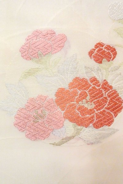 Photo6: O0606D Vintage Japanese Kimono  Pale Off White  NAGOYA OBI sash Peony Linen. (Grade C) (6)