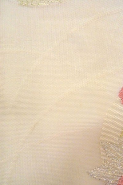 Photo8: O0606D Vintage Japanese Kimono  Pale Off White  NAGOYA OBI sash Peony Linen. (Grade C) (8)