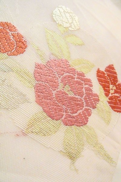 Photo10: O0606D Vintage Japanese Kimono  Pale Off White  NAGOYA OBI sash Peony Linen. (Grade C) (10)
