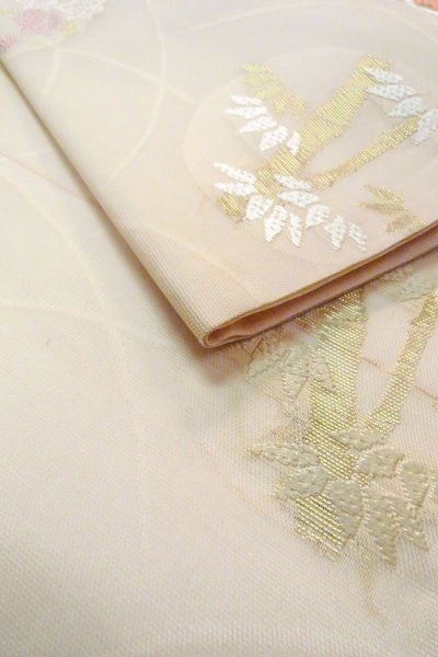 Photo13: O0606D Vintage Japanese Kimono  Pale Off White  NAGOYA OBI sash Peony Linen. (Grade C) (13)