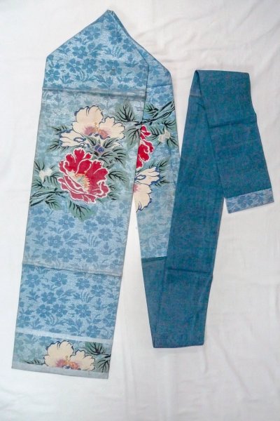 Photo1: O0606E Vintage Japanese Kimono  Shiny Silver  NAGOYA OBI sash Flower Linen. (Grade D) (1)