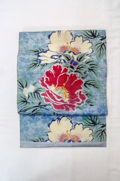 Photo2: O0606E Vintage Japanese Kimono  Shiny Silver  NAGOYA OBI sash Flower Linen. (Grade D) (2)