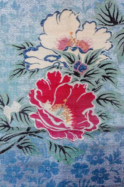 Photo3: O0606E Vintage Japanese Kimono  Shiny Silver  NAGOYA OBI sash Flower Linen. (Grade D) (3)