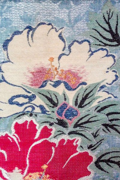 Photo5: O0606E Vintage Japanese Kimono  Shiny Silver  NAGOYA OBI sash Flower Linen. (Grade D) (5)