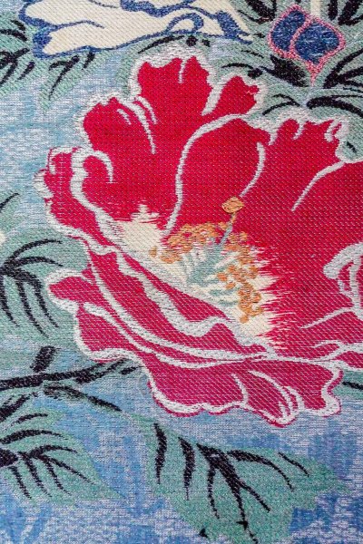 Photo6: O0606E Vintage Japanese Kimono  Shiny Silver  NAGOYA OBI sash Flower Linen. (Grade D) (6)