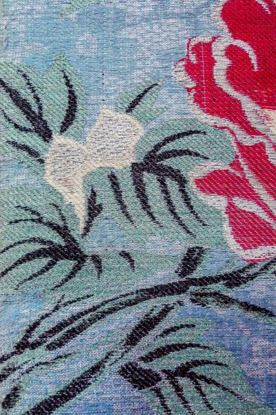 Photo8: O0606E Vintage Japanese Kimono  Shiny Silver  NAGOYA OBI sash Flower Linen. (Grade D) (8)