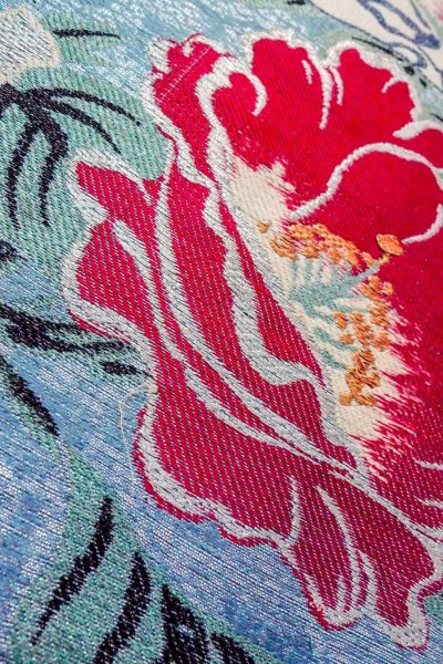 Photo9: O0606E Vintage Japanese Kimono  Shiny Silver  NAGOYA OBI sash Flower Linen. (Grade D) (9)