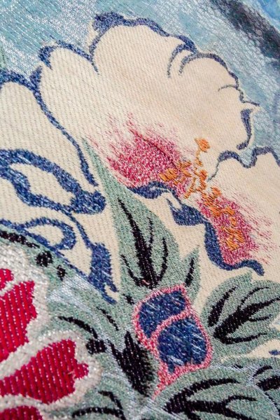 Photo10: O0606E Vintage Japanese Kimono  Shiny Silver  NAGOYA OBI sash Flower Linen. (Grade D) (10)