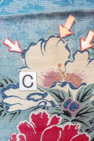 Photo16: O0606E Vintage Japanese Kimono  Shiny Silver  NAGOYA OBI sash Flower Linen. (Grade D) (16)