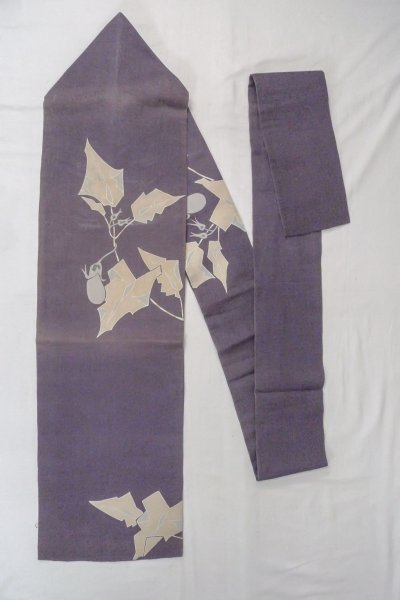 Photo1: O0606F Vintage Japanese Kimono  Dark Purple  NAGOYA OBI sash Leaf Linen. (Grade C) (1)