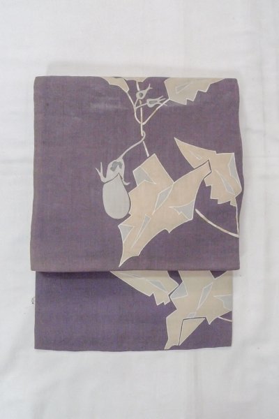 Photo2: O0606F Vintage Japanese Kimono  Dark Purple  NAGOYA OBI sash Leaf Linen. (Grade C) (2)