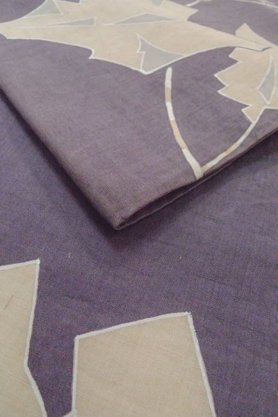 Photo11: O0606F Vintage Japanese Kimono  Dark Purple  NAGOYA OBI sash Leaf Linen. (Grade C) (11)