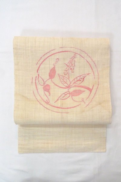 Photo2: O0606G Vintage Japanese Kimono   Ivory  NAGOYA OBI sash Ivy Linen. (Grade C) (2)