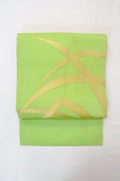 Photo2: O0606H Vintage Japanese Kimono  Light Yellowish Green  NAGOYA OBI sash Bamboo leaf Linen. (Grade C) (2)