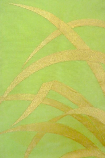 Photo3: O0606H Vintage Japanese Kimono  Light Yellowish Green  NAGOYA OBI sash Bamboo leaf Linen. (Grade C) (3)