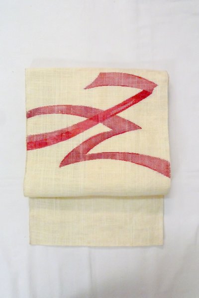 Photo2: O0606I Vintage Japanese Kimono  Pale Off White  NAGOYA OBI sash Abstract pattern Linen. (Grade C) (2)