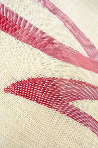 Photo9: O0606I Vintage Japanese Kimono  Pale Off White  NAGOYA OBI sash Abstract pattern Linen. (Grade C) (9)