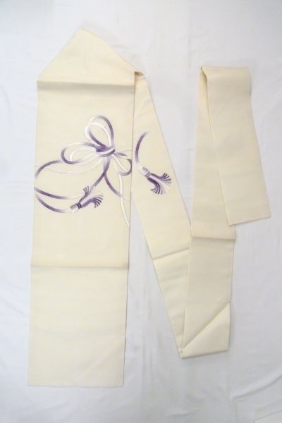 Photo1: O0606J Vintage Japanese Kimono  Light Off White  NAGOYA OBI sash KUMIHIMO rope with tassels Linen. (Grade B) (1)