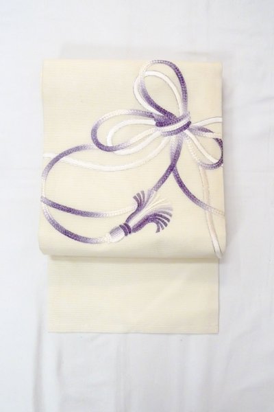 Photo2: O0606J Vintage Japanese Kimono  Light Off White  NAGOYA OBI sash KUMIHIMO rope with tassels Linen. (Grade B) (2)