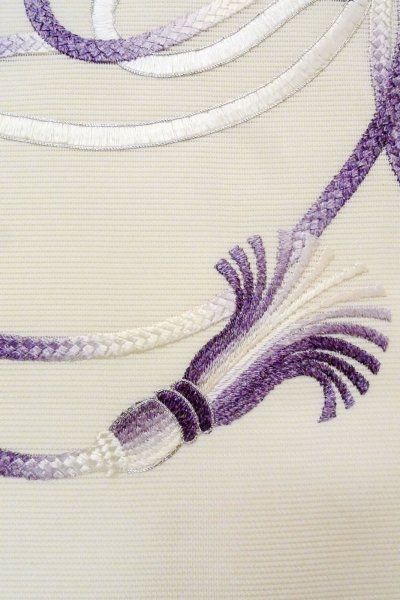 Photo6: O0606J Vintage Japanese Kimono  Light Off White  NAGOYA OBI sash KUMIHIMO rope with tassels Linen. (Grade B) (6)
