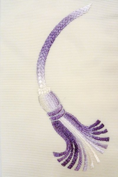 Photo7: O0606J Vintage Japanese Kimono  Light Off White  NAGOYA OBI sash KUMIHIMO rope with tassels Linen. (Grade B) (7)