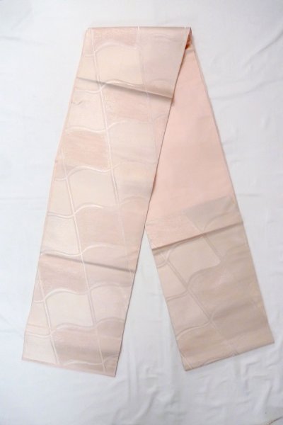 Photo1: O0606K Vintage Japanese Kimono Shiny Pale Pink  FUKURO OBI sash Geometrical pattern Linen. (Grade B) (1)