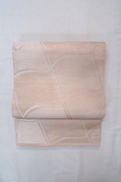 Photo2: O0606K Vintage Japanese Kimono Shiny Pale Pink  FUKURO OBI sash Geometrical pattern Linen. (Grade B) (2)